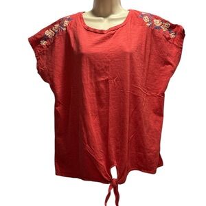 St. Johns Bay Women's Orange Pullover Flower Embroidered Short Sleeve Top